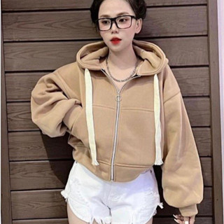Áo khoác nỉ hoodie nữ dáng rộng tay phồng, Áo croptop lửng nữ có mũ hottrend 2023