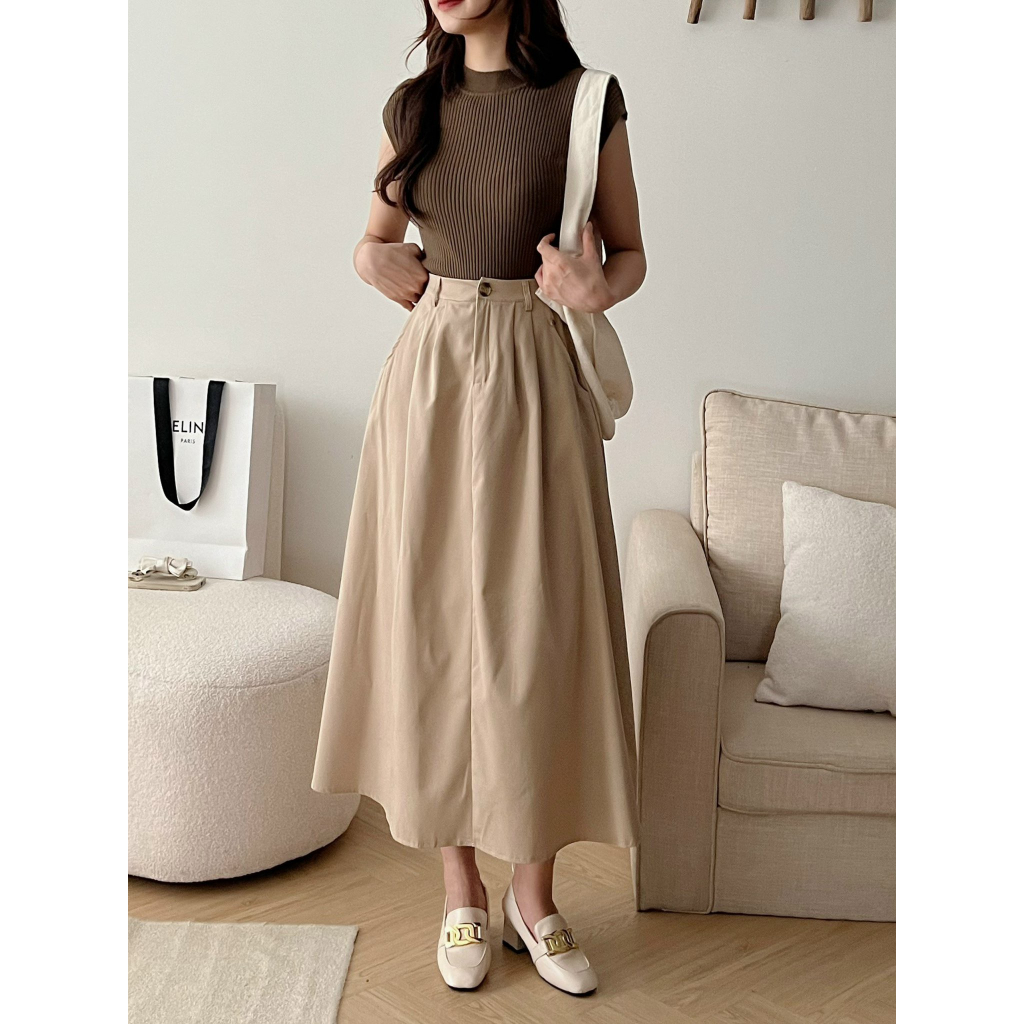 Chân váy kaki trơn form xòe dáng dài chun sau Ulzzang