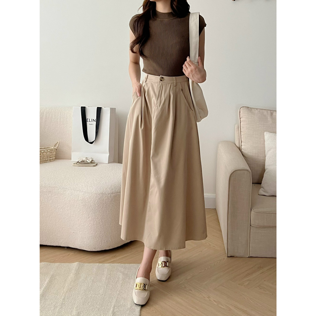 Chân váy kaki trơn form xòe dáng dài chun sau Ulzzang