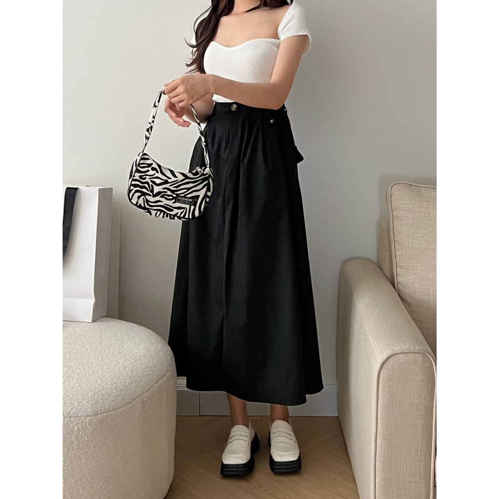 Chân váy kaki trơn form xòe dáng dài chun sau Ulzzang