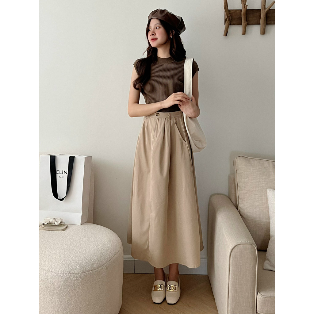 Chân váy kaki trơn form xòe dáng dài chun sau Ulzzang