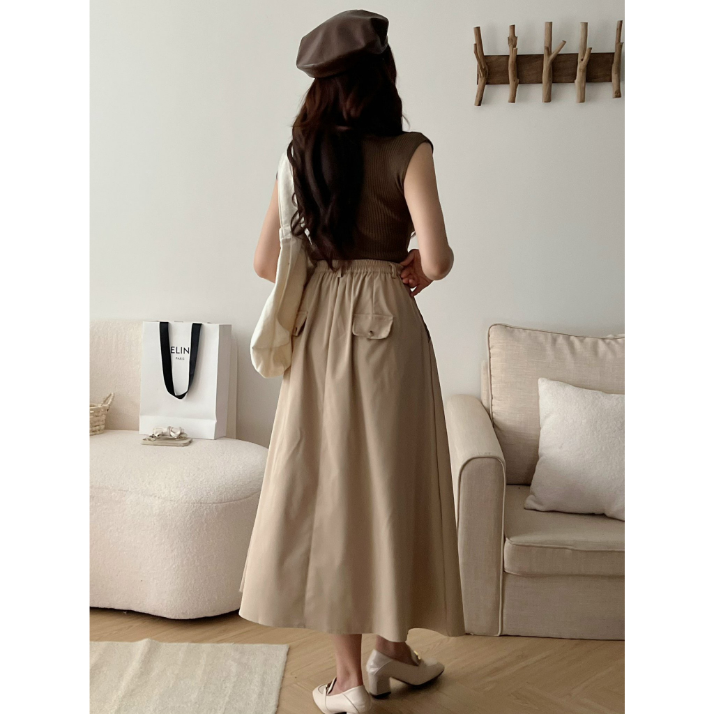 Chân váy kaki trơn form xòe dáng dài chun sau Ulzzang