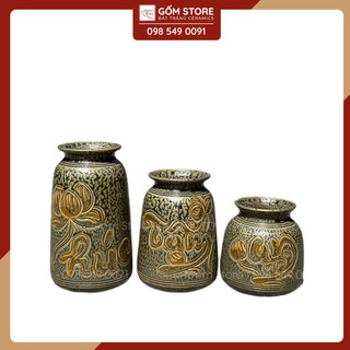 Bộ 3 lọ cắm hoa trang trí, lọ hoa khắc chữ phúc - tâm - an, lọ hoa bát tràng