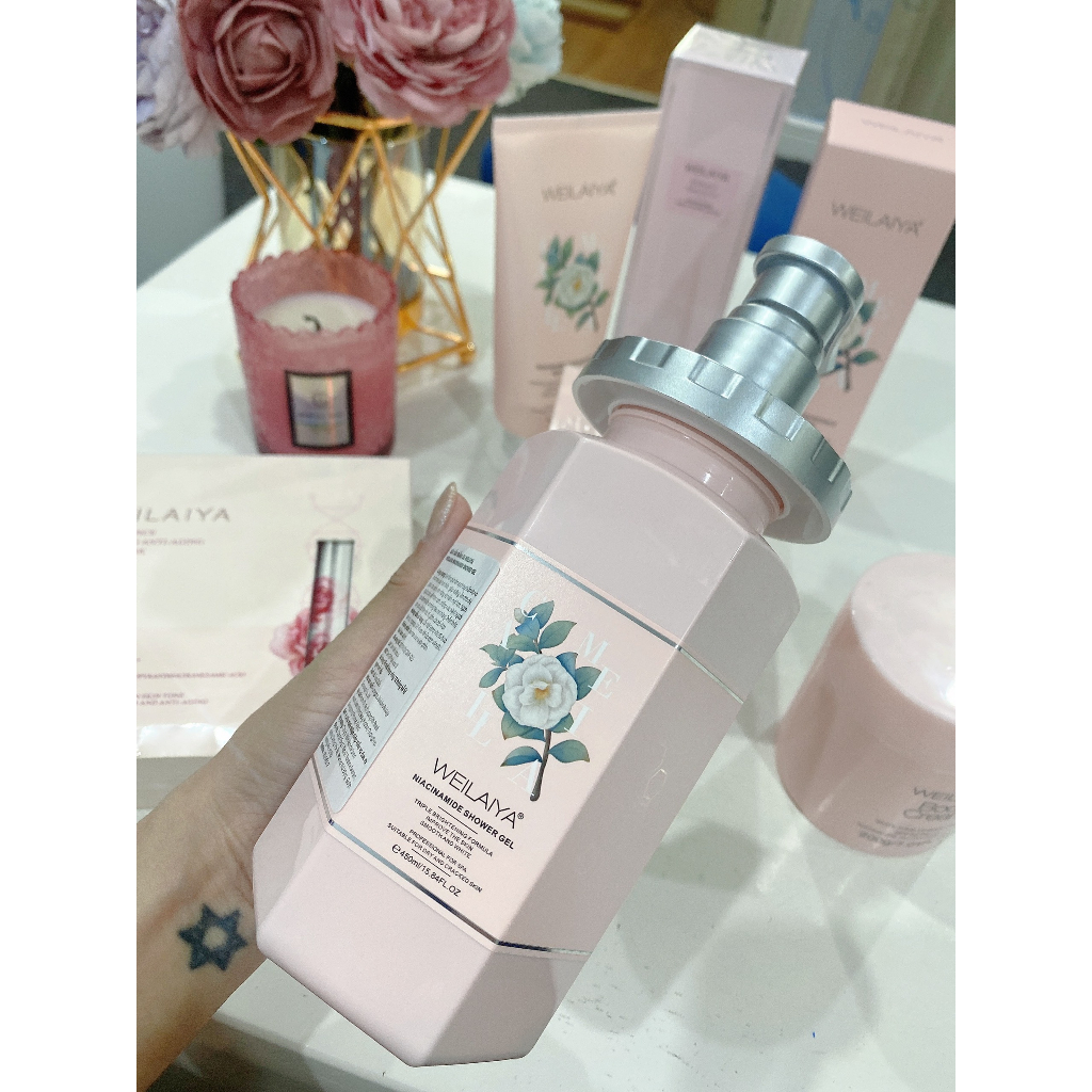 Sữa tắm Weilaiya hoa trà hương ngọt ngào 450ml Mit Beauty dưỡng trắng da căng bóng mềm mướt chống lão hóa
