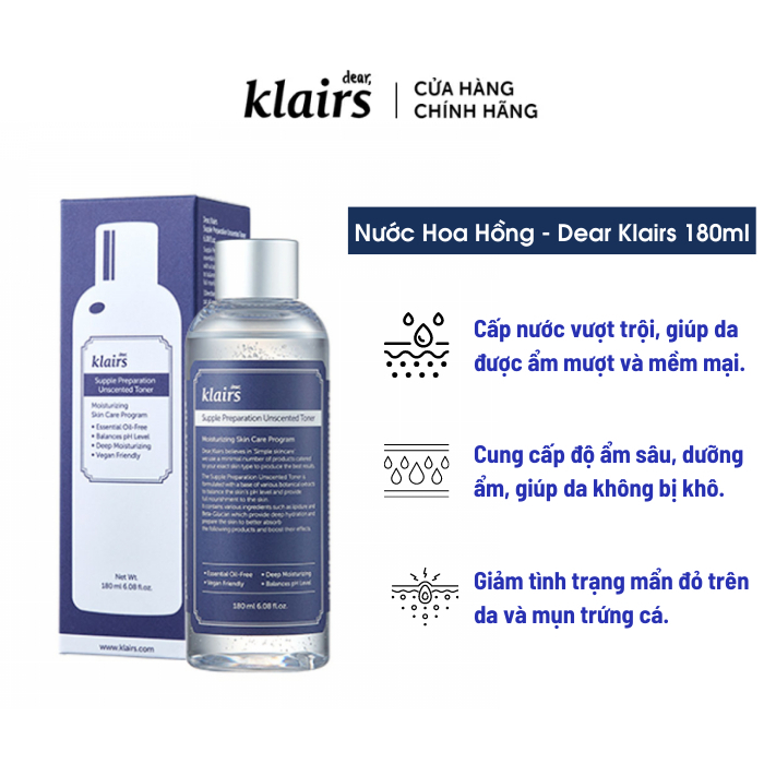 Nước Hoa Hồng Dear Klairs Supple Preparation Unscented Toner Không Mùi Dưỡng Ẩm Và Làm Mềm Da 180ml TN1