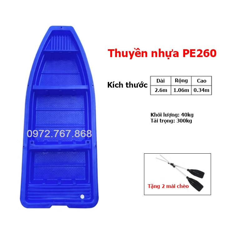Thuyền Nhựa PE260,  Dài 2.6m, Rộng 1.06m, Cao 0.34m