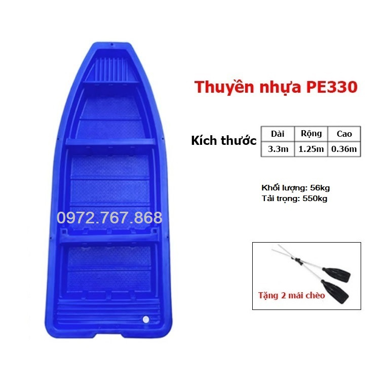 Thuyền Nhựa PE330, Dài 3.3m, Rộng 1.26m, Cao 0.36m