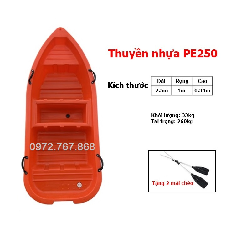 Thuyền Nhựa PE250, Dài 2.5m, Rộng 1m, Cao 0.34m
