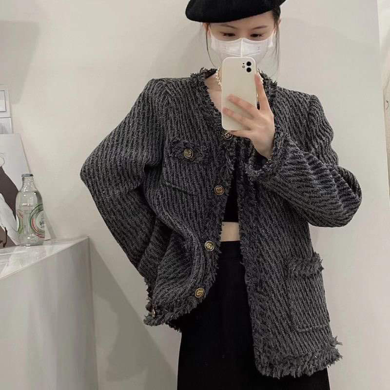 Áo khoác dạ tweed màu đen dáng dài 2 màu đen & xám  ,ánh kim cổ tròn cúc đồng, phong cách nữ tính
