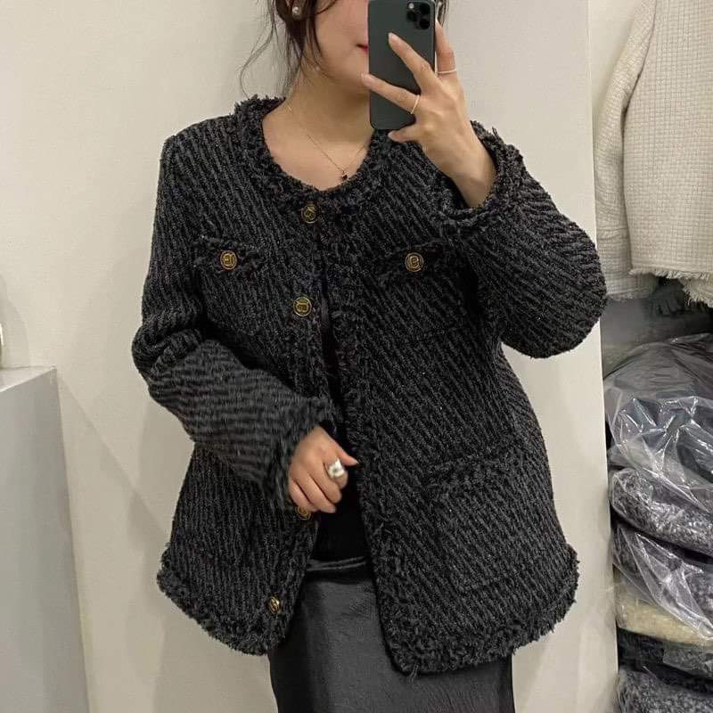 Áo khoác dạ tweed màu đen dáng dài 2 màu đen & xám  ,ánh kim cổ tròn cúc đồng, phong cách nữ tính
