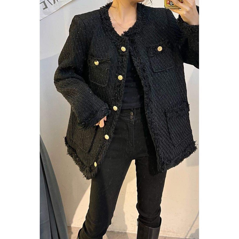 Áo khoác dạ tweed màu đen dáng dài 2 màu đen & xám  ,ánh kim cổ tròn cúc đồng, phong cách nữ tính