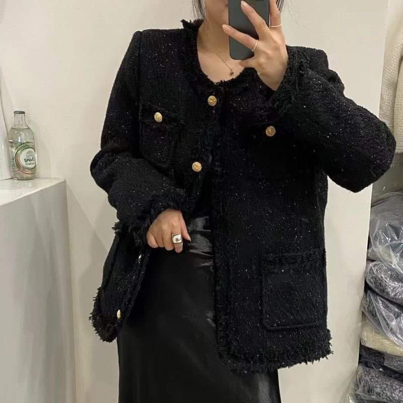 Áo khoác dạ tweed màu đen dáng dài 2 màu đen & xám  ,ánh kim cổ tròn cúc đồng, phong cách nữ tính