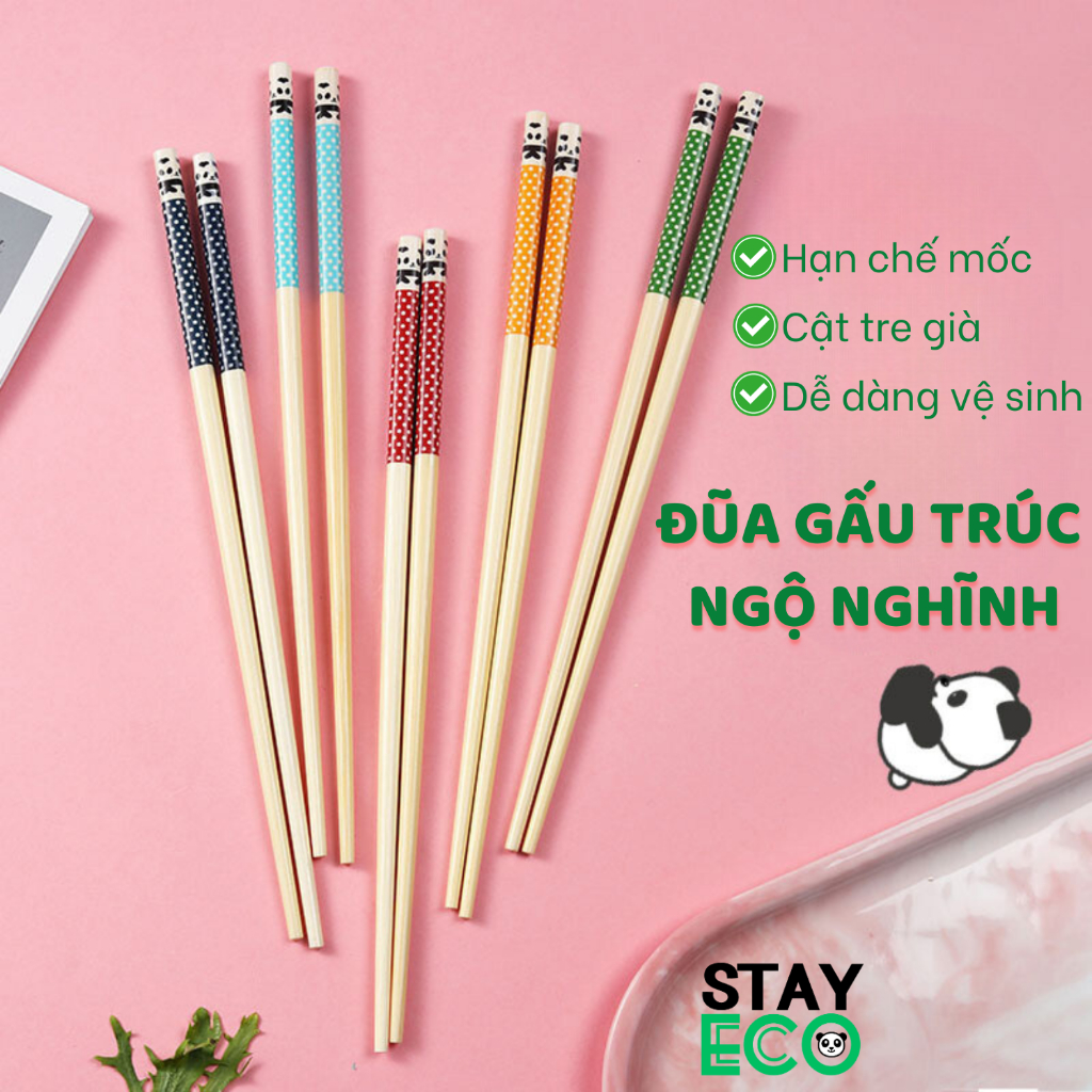 Đũa tre cao cấp STAY ECO, đũa gỗ ăn cơm tự nhiên kháng khuẩn in hình gấu trúc ngộ nghĩnh phong cách Nhật Bản