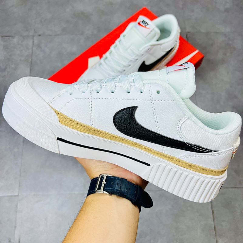Giày Sneaker Độn Đế Cao NK Court Legacy Lift Low White Black Brown DM7590-100 Hàng SC