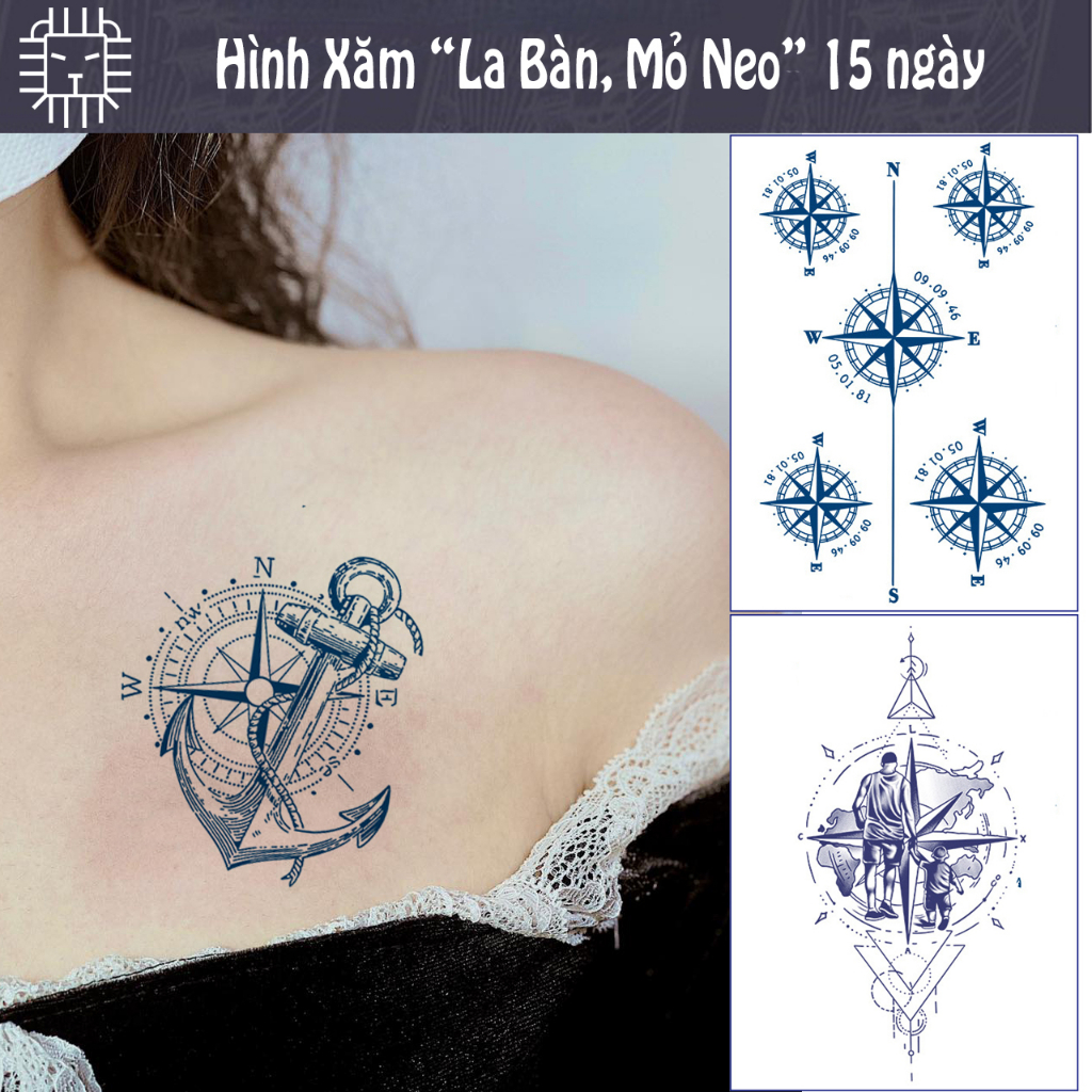 Hình Xăm Dán 15 Ngày Mỏ Neo, La Bàn LEO TATTOO (18x11cm)