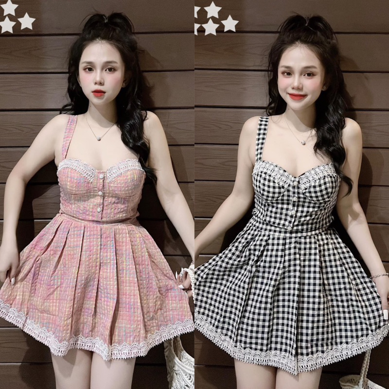 Set Bộ Xốp Đũi Sọc Caro Áo Dây Bản Cúp Khuôn Ngực Viền Ren Croptop Đính Cúc Hạt + Váy Xếp Ly Có Lót Quần