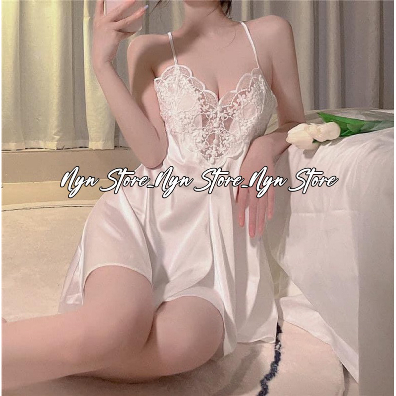 Tặng kèm chip - Đầm ngủ lụa ren đính khuy lưng chéo quyến rũ Cực Xinh