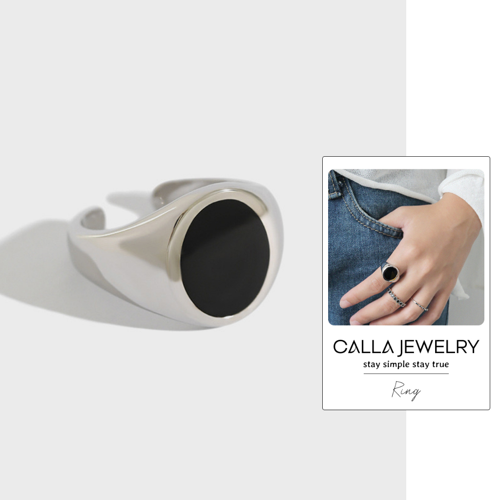 Black Signet Open Ring | Nhẫn bạc dấu ấn đá đen | Calla Jewelry | R035
