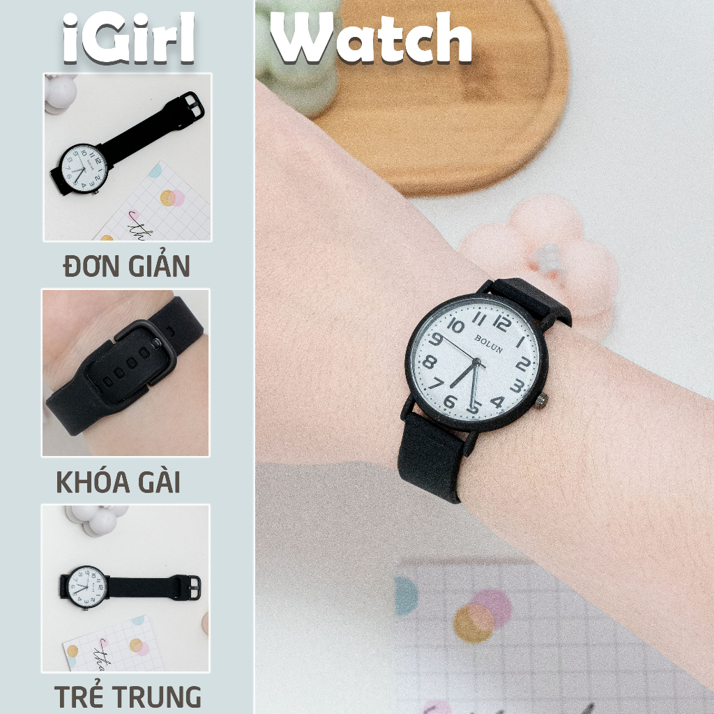 Đồng hồ nữ iGirl Bolun dây silicon mặt kim màu đen classic iGirl Store