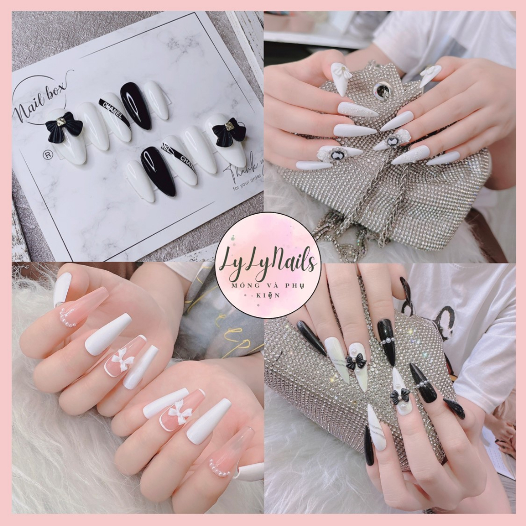 Bộ 24 móng tay giả,Nailbox thiết kế thủ công đính đá,đính charm trang nhã sang chảnh LyLy