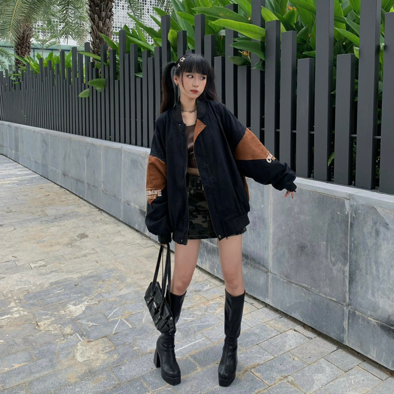 Áo khoác bomber chất liệu kaki phối da lộn cao cấp