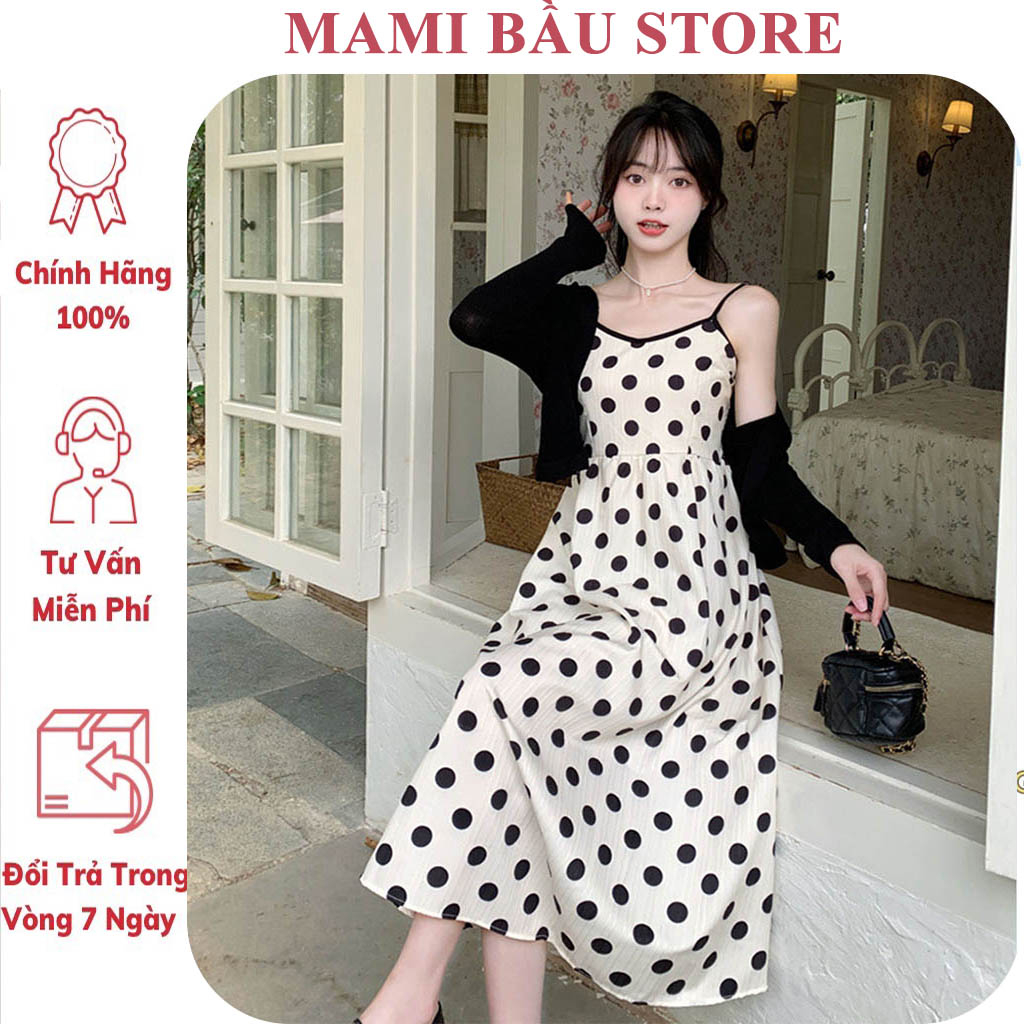 Set Đầm Váy Tiểu Thư 2 Dây Kèm Áo Khoác Mỏng Điệu Đà - Đầm Bầu Công Sở, Dự Tiệc Thu Đông Chấm Bi Xinh Feesize
