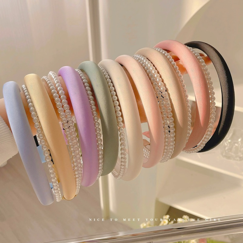 CX40 băng đô bờm tóc nữ vải voan trơn phối hạt châu