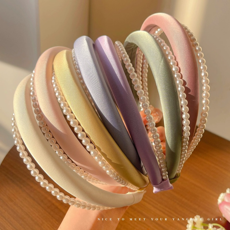 CX40 băng đô bờm tóc nữ vải voan trơn phối hạt châu