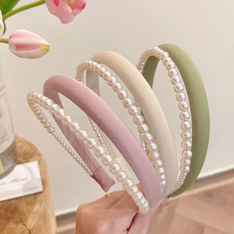 CX40 băng đô bờm tóc nữ vải voan trơn phối hạt châu