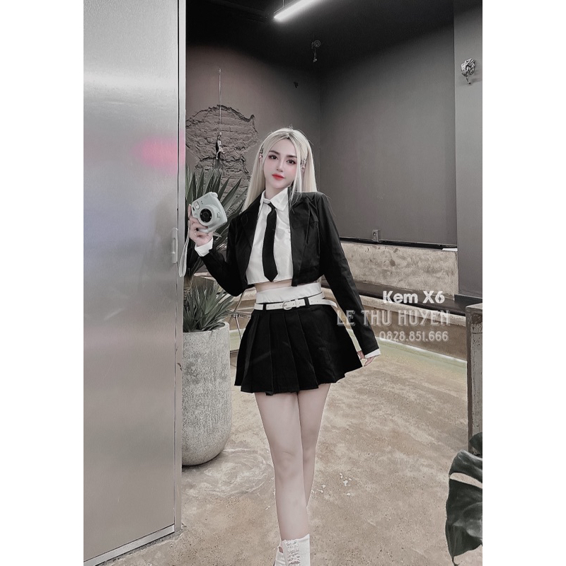 Set áo vest kèm áo sơmi crotop mix cà vạt + chân váy xếp ly