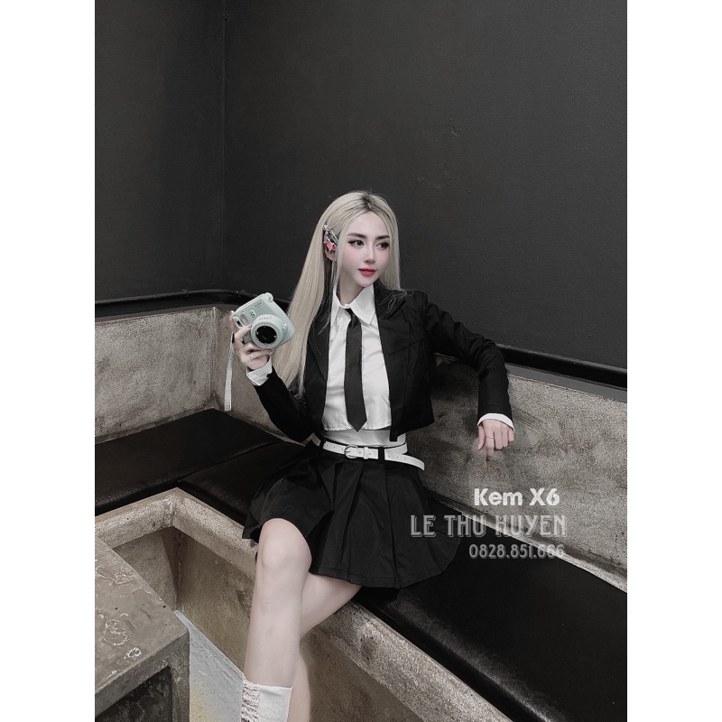 Set áo vest kèm áo sơmi crotop mix cà vạt + chân váy xếp ly