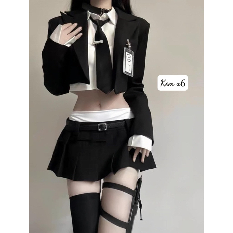 Set áo vest kèm áo sơmi crotop mix cà vạt + chân váy xếp ly