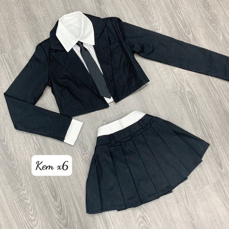 Set áo vest kèm áo sơmi crotop mix cà vạt + chân váy xếp ly