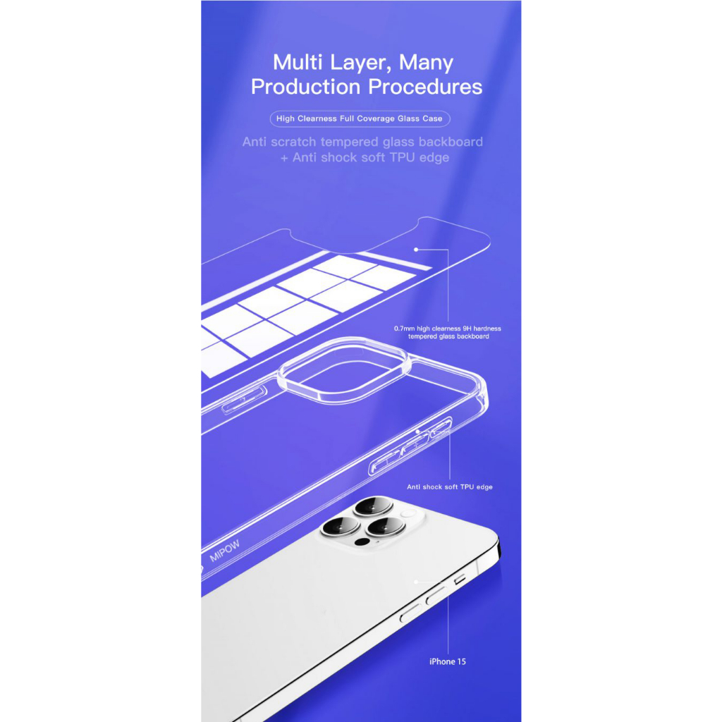 Ốp Lưng MIPOW TEMPERED TRANSPARNET 15 15 Plus 15 Pro 15 Promax