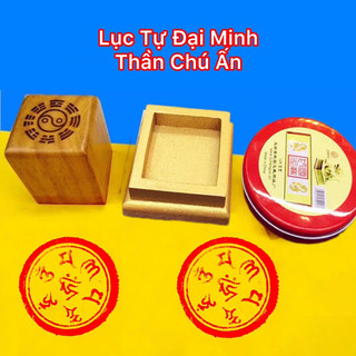 Ấn gỗ đào Lục Tự Đại Minh Chú tặng kèm đế và mực triện