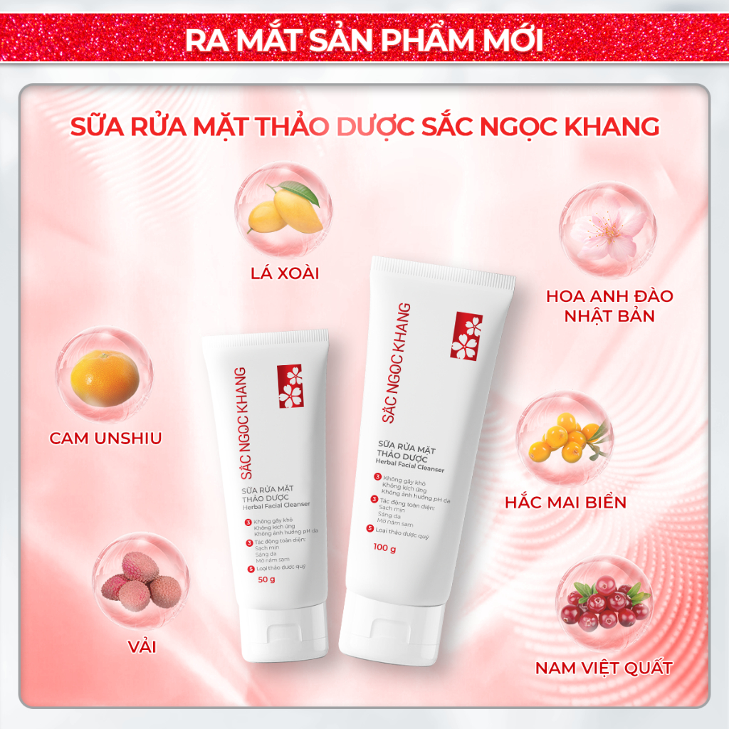 Sữa Rửa Mặt Sắc Ngọc Khang 100g chiết xuất 5 loại thảo dược thiên nhiên giúp làm sạch dịu nhẹ, dưỡng da sáng mịn đều màu