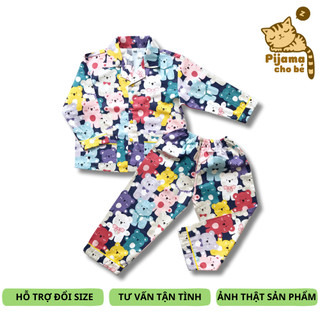 Pijama dài cho bé vải thô cotton đẹp hút mồ hôi hình Gấu bông ngũ sắc size 10-40kg cho bé 1-9 tuổi