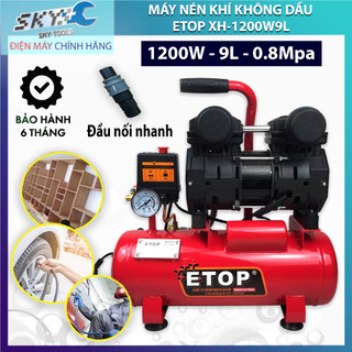 Máy nén khí không dầu mini ETOP 9 lít công suất 1200w, 2 van nạp khí siêu nhanh, giảm âm, khí sạch