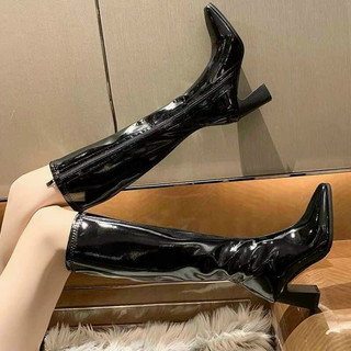 Hàng Sẵn- Bốt gối da bóng gót vuông vân gỗ 7p lót lông, khóa cạnh