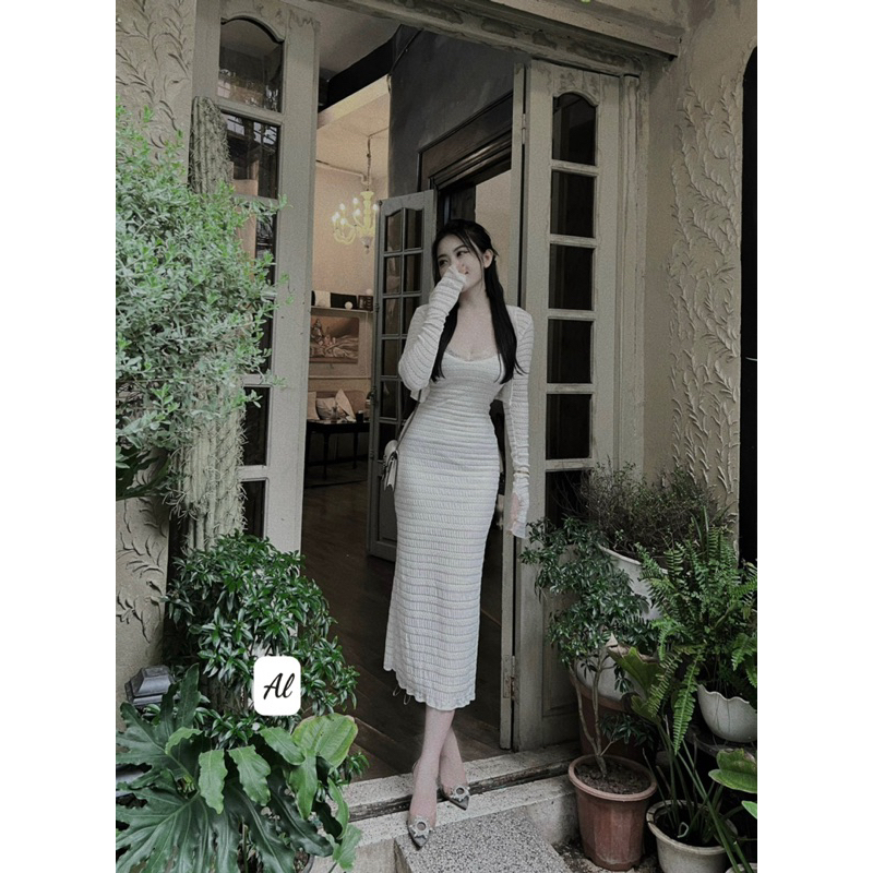 Set váy body ren dáng dài kèm áo khoác