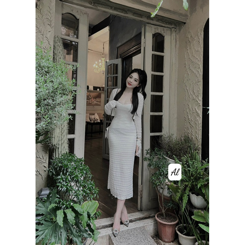 Set váy body ren dáng dài kèm áo khoác