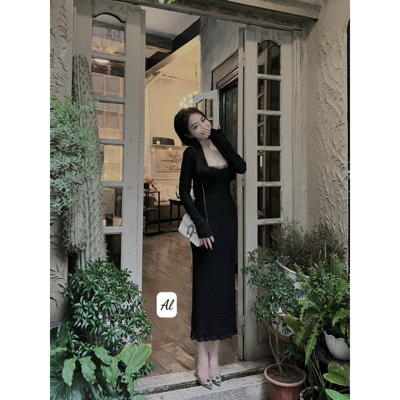 Set váy body ren dáng dài kèm áo khoác