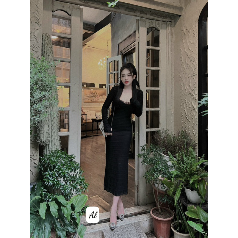 Set váy body ren dáng dài kèm áo khoác