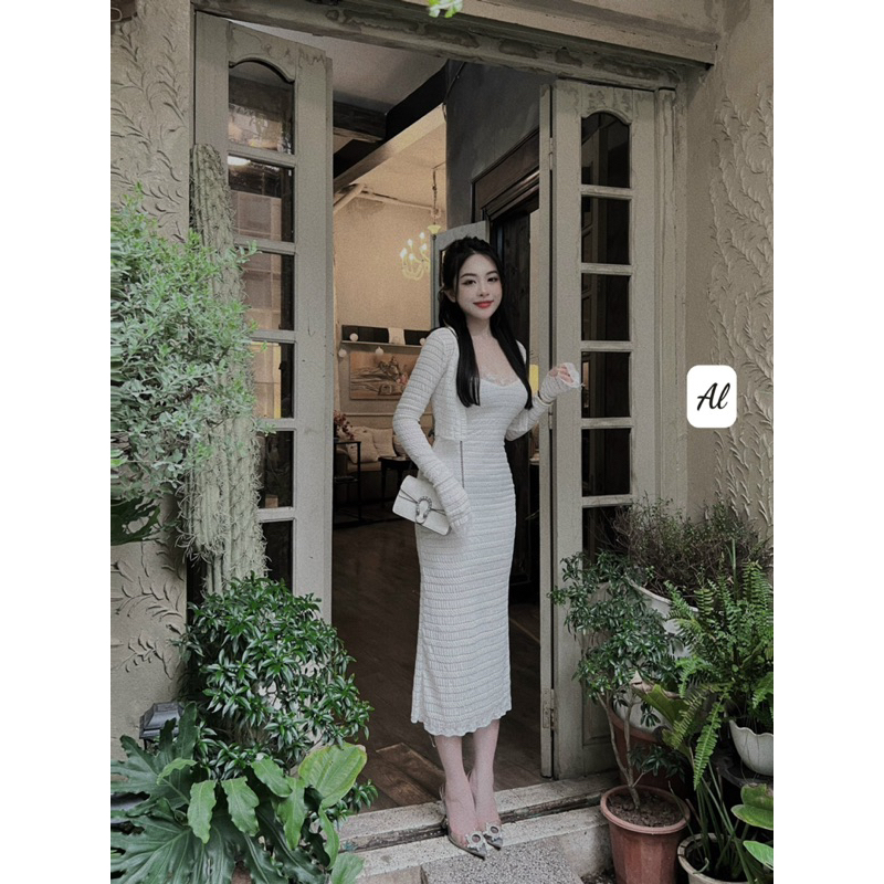 Set váy body ren dáng dài kèm áo khoác