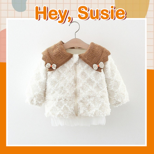 Áo Khoác Lông Cừu Cổ Len Đính Nơ, Áo Khoác Mùa Đông Bé Gái Từ 9-19kg Hey Susie AK1435