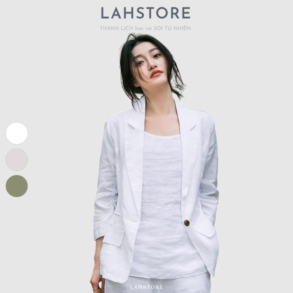 Áo blazer nữ LAHSTORE vải linen 1 lớp, cổ ve vuông, tay chun, túi bổ (Trắng)