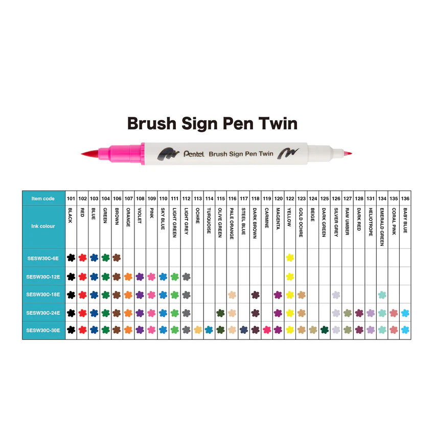 Bút Dạ Viết 2 Đầu Pentel Brush Sign Pen SESW30C | 30 Màu Sắc Đa Dạng | Phù Hợp Cho Vẽ và Viết Thư Pháp