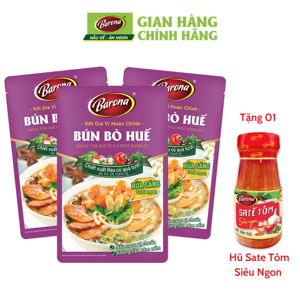 Combo 3 Gói Gia Vị Bún Bò Huế Barona 110g, Tặng 1 hũ Sate Tôm Siêu Ngon 110g