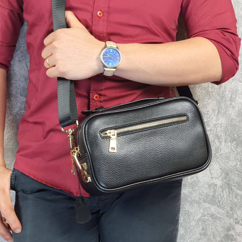 Túi đeo chéo nam khóa số kết hợp clutch cầm tay da bò thật CL153 (Đen) - 100% da thật, BH 3 năm