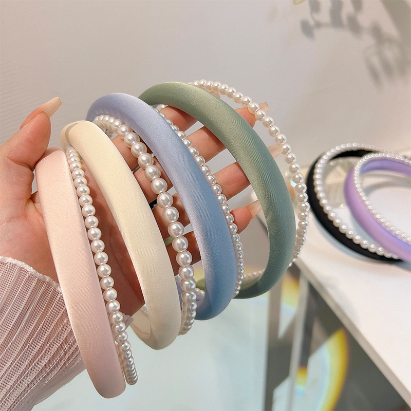 CX40 băng đô bờm tóc nữ vải voan trơn phối hạt châu